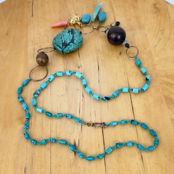 CHAN LUU Multi-beaded Turquoise Long Necklace w Crown Charm & Sterling 925 Clasp - Picture 9 of 16